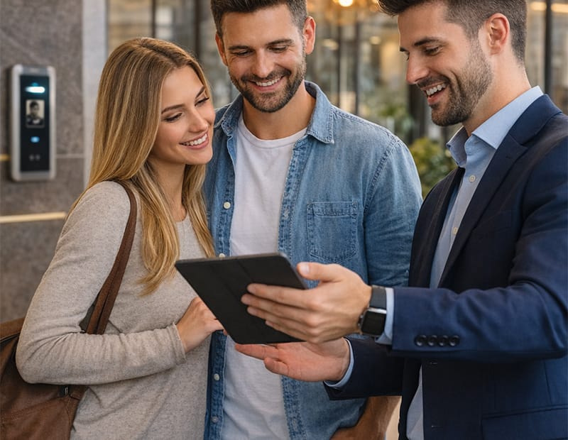 Experiência do morador em condomínios representada por casal utilizando tecnologia digital em área comum de condomínio moderno