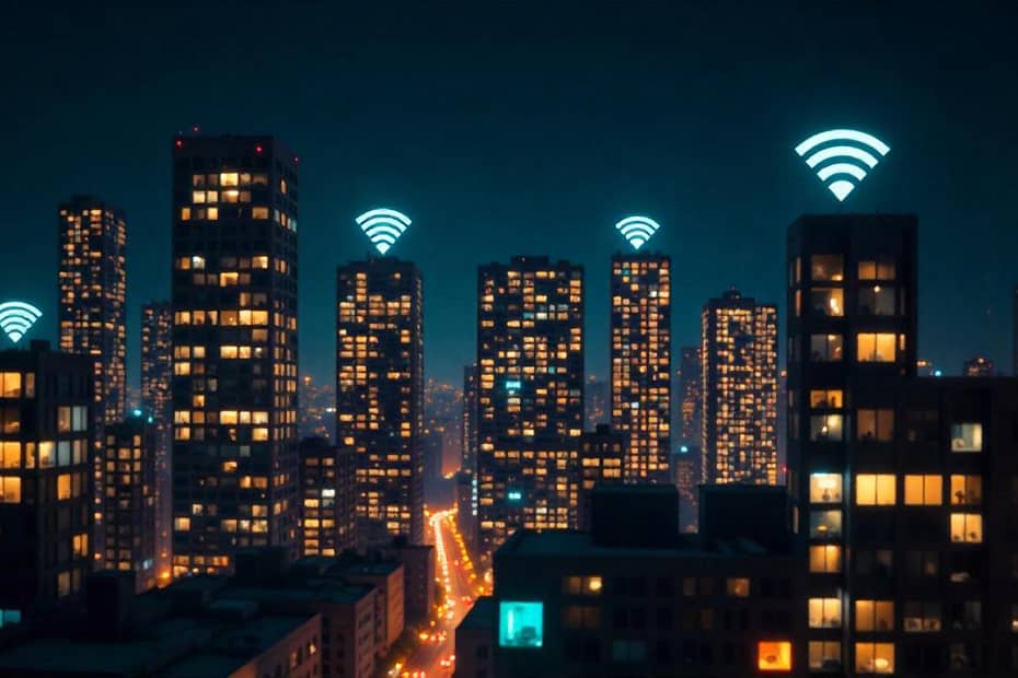Vista noturna de condomínios inteligentes de prédios iluminados, representando condomínios inteligentes, com ícones de sinal de Wi-Fi acima dos edifícios, simbolizando conectividade e tecnologia