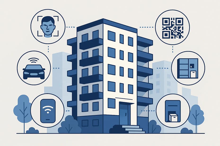 Ilustração de um condomínio inteligente com tecnologias integradas, incluindo reconhecimento facial, QR Code, controle veicular por tag, smart locker e gerenciamento via aplicativo.