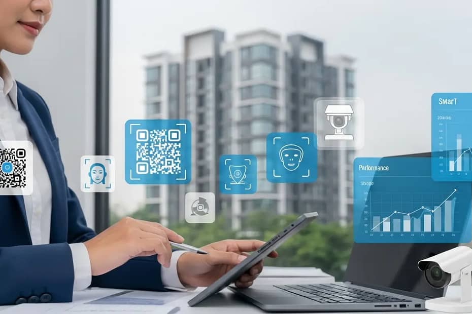 Painel de software de gestão condominial com gráficos e relatórios