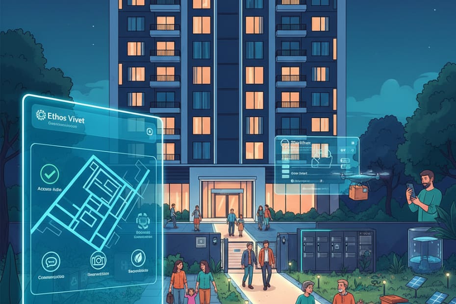Condomínio moderno e valorizado com gestão inteligente Ethos Vivet, mostrando tecnologia de acesso, sustentabilidade e bem-estar dos moradores.