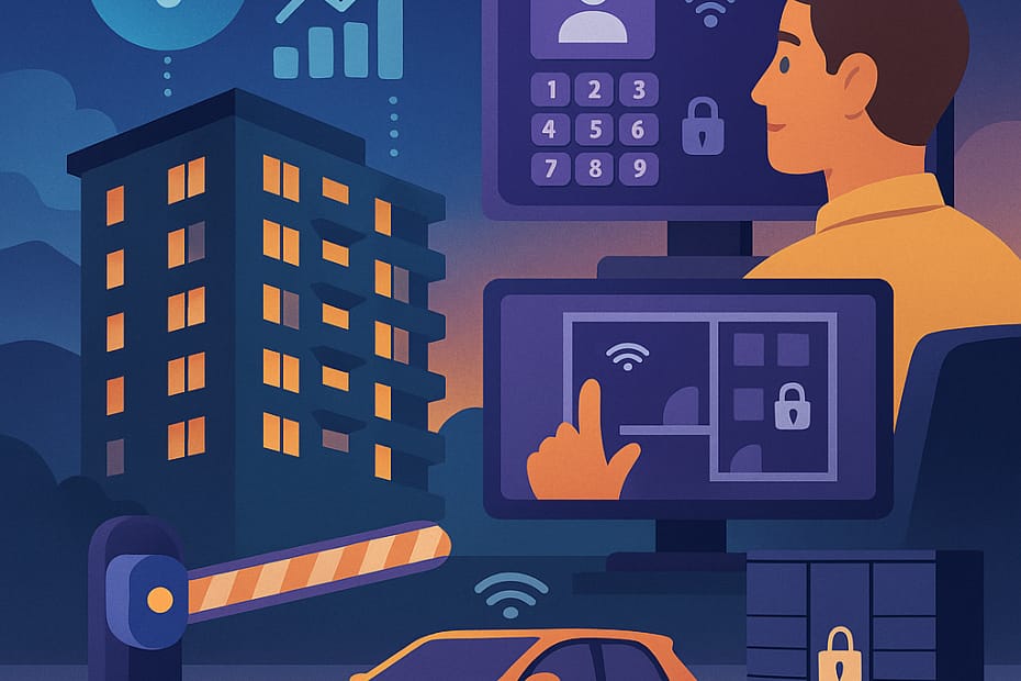 Ilustração de um condomínio inteligente com automação, mostrando prédio moderno, portão com TAG veicular, monitor de controle de acesso facial e elementos tecnológicos representando conectividade e segurança.