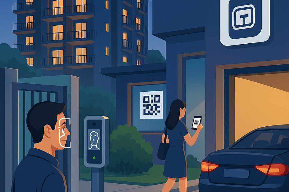 Segurança em condomínios residenciais com tecnologia Ethos Vivet, mostrando portaria digital, reconhecimento facial, QR Code e TAG veicular integrados.
