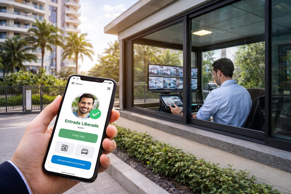 Portaria digital para condomínio com controle de acesso por aplicativo na entrada do prédio.