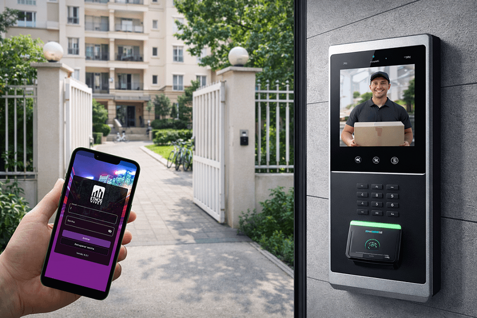 Portaria digital para condomínio em entrada residencial com controle de acesso moderno