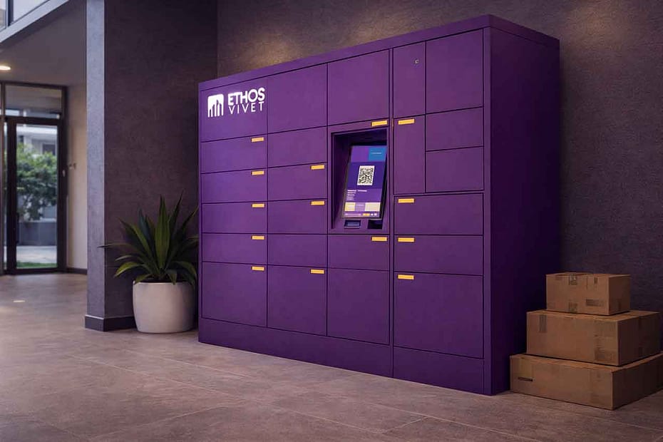 armário de encomenda para condomínio em hall residencial com sistema inteligente de entregas