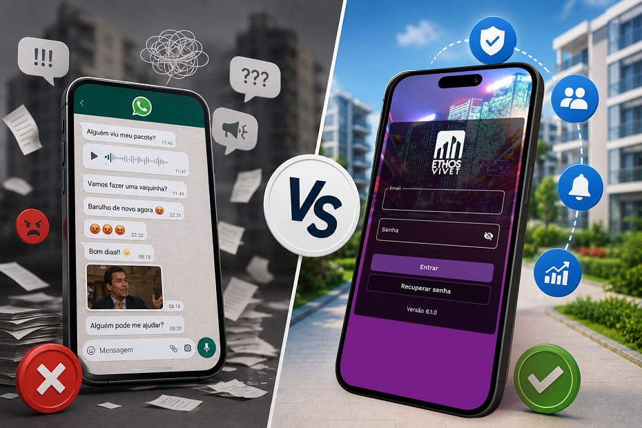 Comparativo de comunicação em condomínio: à esquerda, o caos de um grupo de WhatsApp com mensagens desorganizadas; à direita, a interface organizada do aplicativo Ethos Vivet com funções de comunicados, reservas e boletos.